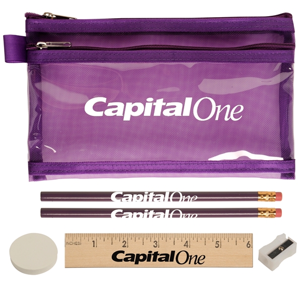 Two zippered pocket school kit has two pencils, one round eraser,... from ASI 52840 Evans Manufacturing