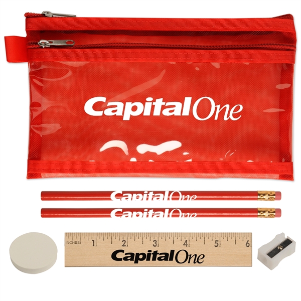 Two zippered pocket school kit has two pencils, one round eraser,... from ASI 52840 Evans Manufacturing