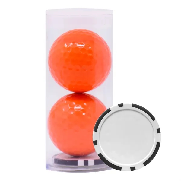 Two two-piece custom golf balls and one poker chip ball marker.... from ASI 38120 Ball Pro / Diversified Quality Kitchenware