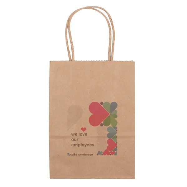Eco-friendly brown kraft paper shopper with twisted paper handles and serrated... from ASI 37940 Bag Makers Inc