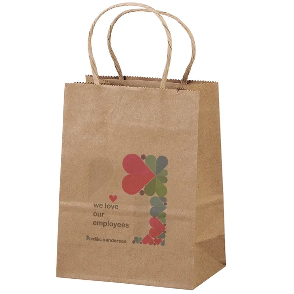 Eco-friendly brown kraft paper shopper with twisted paper handles and serrated... from ASI 37940 Bag Makers Inc