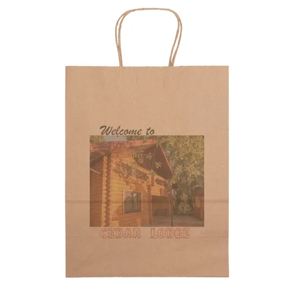 Eco-friendly brown kraft paper shopper with twisted paper handles and serrated... from ASI 37940 Bag Makers Inc