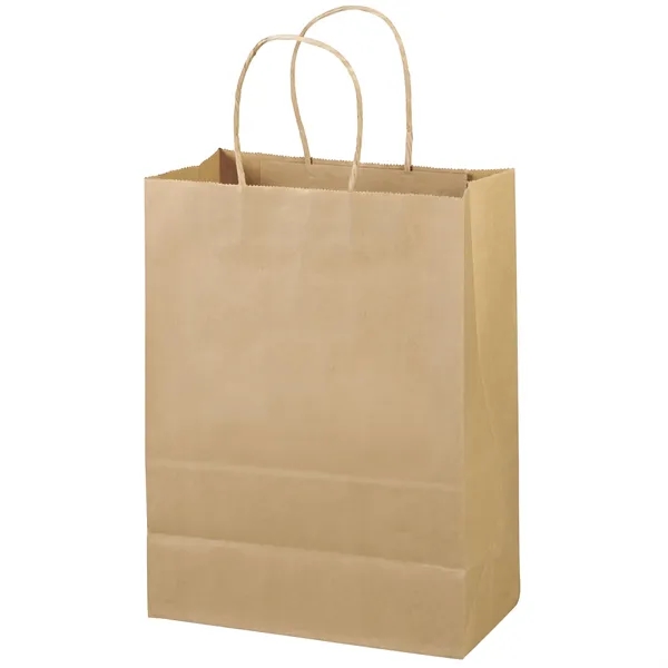 Eco-friendly brown kraft paper shopper with twisted paper handles and serrated... from ASI 37940 Bag Makers Inc