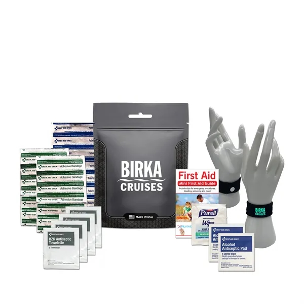 Travel kit with a pouch, bandages, antiseptic wipes, and an anti-nausea... from ASI 84514 Safety Made