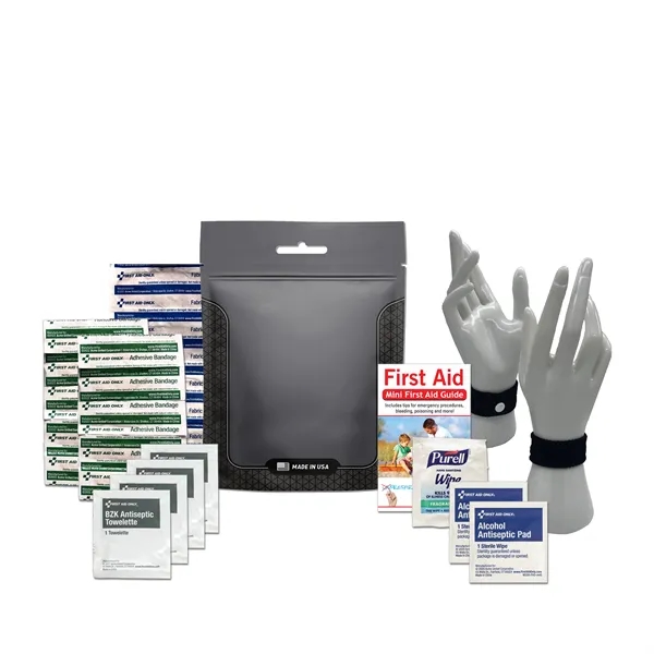 Travel kit with a pouch, bandages, antiseptic wipes, and an anti-nausea... from ASI 84514 Safety Made