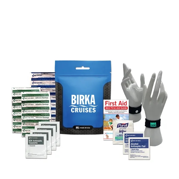 Travel kit with a pouch, bandages, antiseptic wipes, and an anti-nausea... from ASI 84514 Safety Made