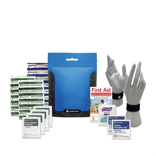 Travel kit with a pouch, bandages, antiseptic wipes, and an anti-nausea... from ASI 84514 Safety Made