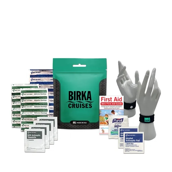 Travel kit with a pouch, bandages, antiseptic wipes, and an anti-nausea... from ASI 84514 Safety Made