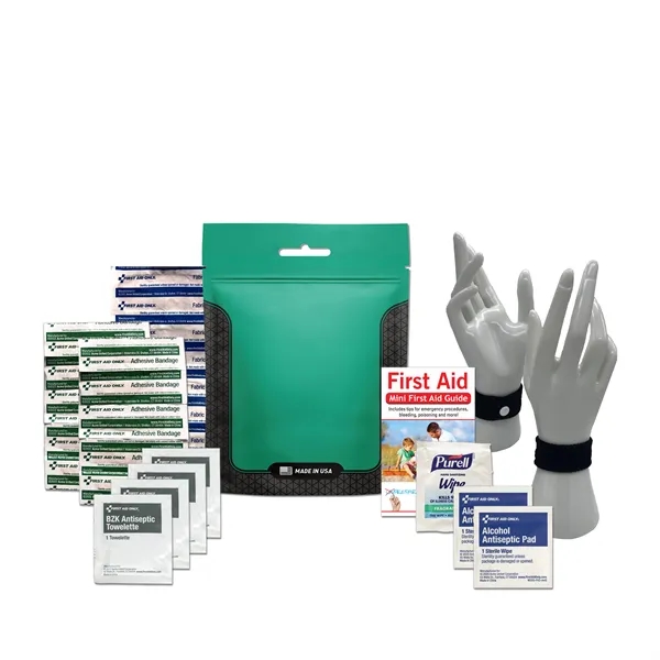 Travel kit with a pouch, bandages, antiseptic wipes, and an anti-nausea... from ASI 84514 Safety Made