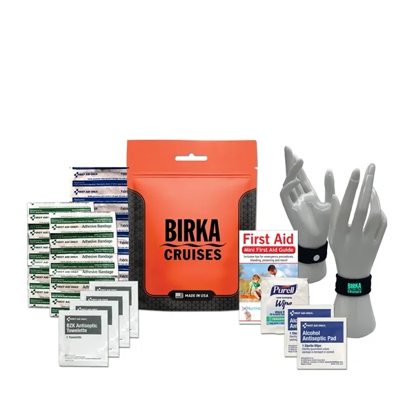 Travel kit with a pouch, bandages, antiseptic wipes, and an anti-nausea... from ASI 84514 Safety Made