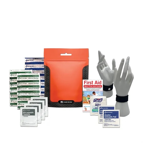 Travel kit with a pouch, bandages, antiseptic wipes, and an anti-nausea... from ASI 84514 Safety Made