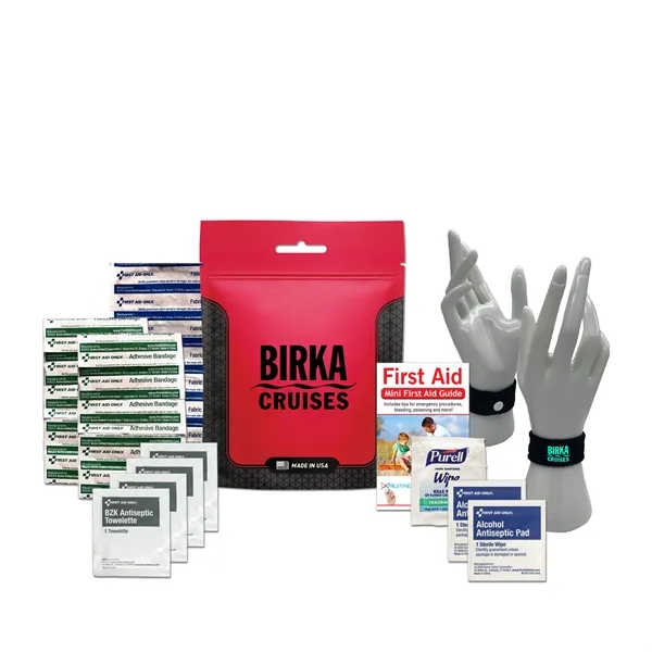 Travel kit with a pouch, bandages, antiseptic wipes, and an anti-nausea... from ASI 84514 Safety Made