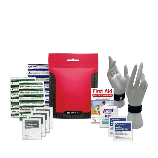 Travel kit with a pouch, bandages, antiseptic wipes, and an anti-nausea... from ASI 84514 Safety Made