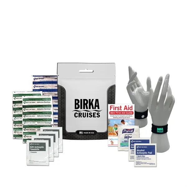 Travel kit with a pouch, bandages, antiseptic wipes, and an anti-nausea... from ASI 84514 Safety Made