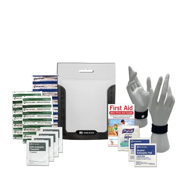 Travel kit with a pouch, bandages, antiseptic wipes, and an anti-nausea... from ASI 84514 Safety Made