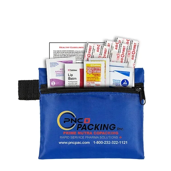 First aid kit with zipper pouch, sunscreen packets, lip balm, bandages,... from ASI 62660 Innovation Line