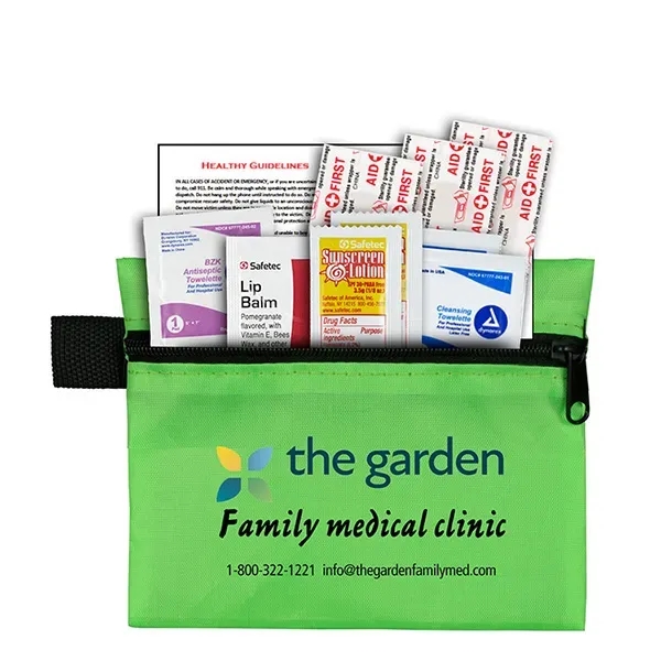 First aid kit with zipper pouch, sunscreen packets, lip balm, bandages,... from ASI 62660 Innovation Line