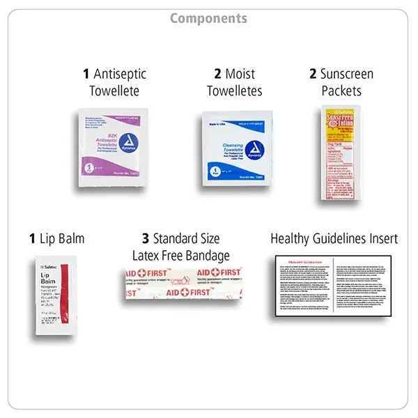 First aid kit with zipper pouch, sunscreen packets, lip balm, bandages,... from ASI 62660 Innovation Line