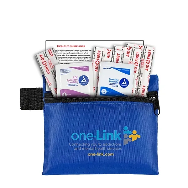 7 piece first aid kit with zippered pouch, carabiner, bandages, towelettes... from ASI 62660 Innovation Line