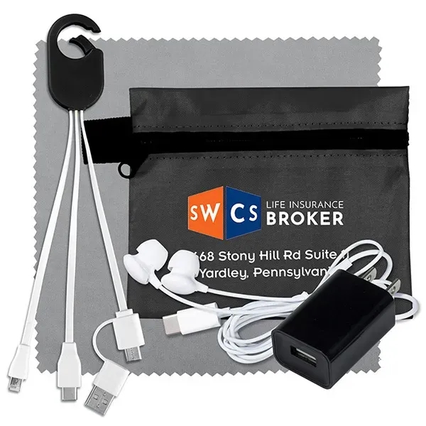 Tech kit with a microfiber cleaning cloth, wall charger, earphones, 5... from ASI 62660 Innovation Line
