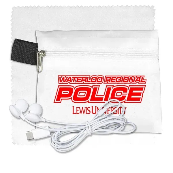 Tech accessory kit with microfiber cleaning cloth, earbuds and carry pouch.... from ASI 62660 Innovation Line