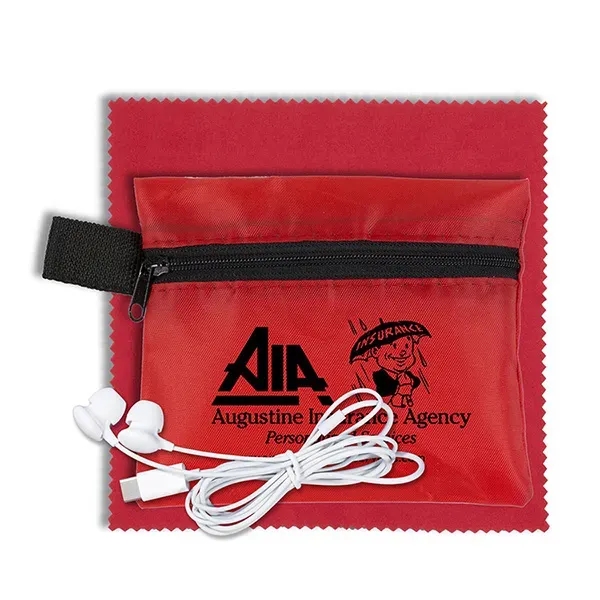 Tech accessory kit with microfiber cleaning cloth, earbuds and carry pouch.... from ASI 62660 Innovation Line