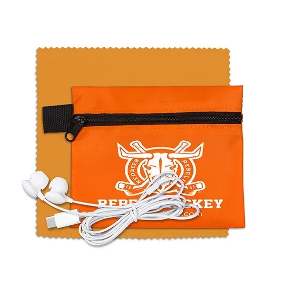 Tech accessory kit with microfiber cleaning cloth, earbuds and carry pouch.... from ASI 62660 Innovation Line