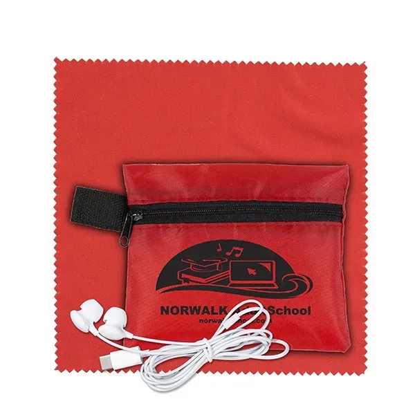 Tech accessory kit with microfiber cleaning cloth, earbuds and carry pouch.... from ASI 62660 Innovation Line