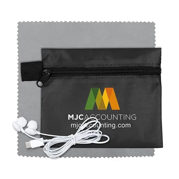 Tech accessory kit with microfiber cleaning cloth, earbuds and carry pouch.... from ASI 62660 Innovation Line