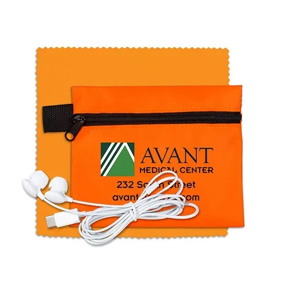 Tech accessory kit with microfiber cleaning cloth, earbuds and carry pouch.... from ASI 62660 Innovation Line
