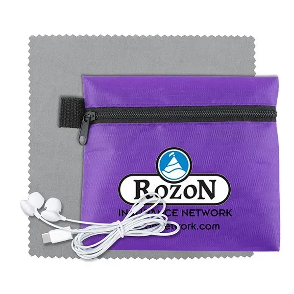 Tech accessory kit with microfiber cleaning cloth, earbuds and carry pouch.... from ASI 62660 Innovation Line