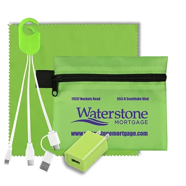 Travel kit with a microfiber cleaning cloth, USB wall charger and... from ASI 62660 Innovation Line