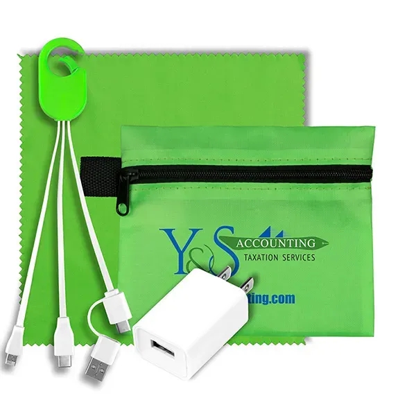 Travel kit with a microfiber cleaning cloth, USB wall charger and... from ASI 62660 Innovation Line