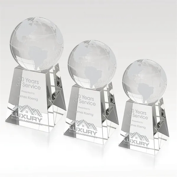 Clear optical crystal award that features a globe sculpture set on... from ASI 93986 Visions/Awardcraft / Visions Awards
