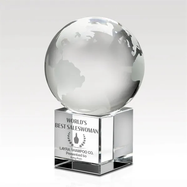 Clear optical crystal globe award that sits on a square base,... from ASI 93986 Visions/Awardcraft / Visions Awards