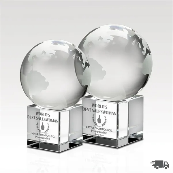 Clear optical crystal globe award that sits on a square base,... from ASI 93986 Visions/Awardcraft / Visions Awards