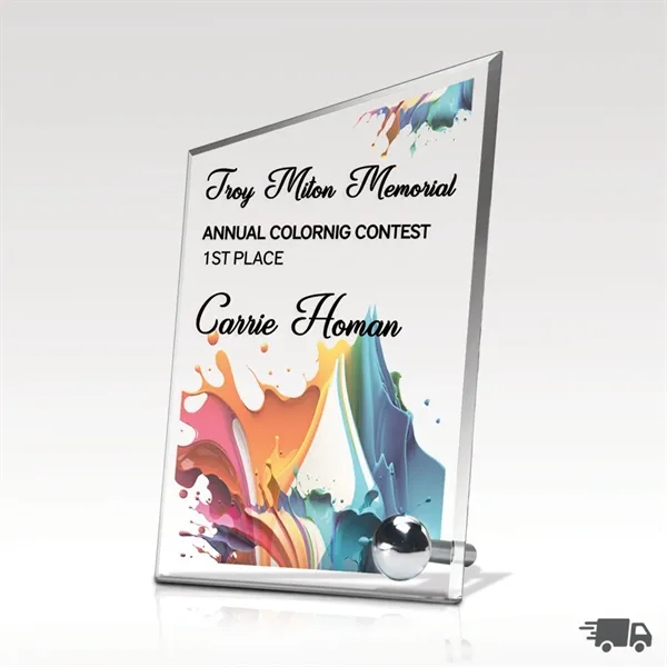 Beveled optical crystal award with polished silver-plated zinc alloy stand.... from ASI 93986 Visions/Awardcraft / Visions Awards