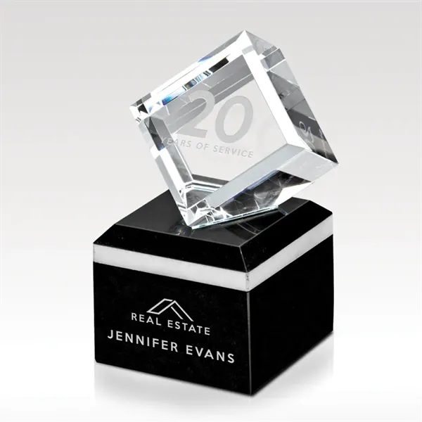 Eye-catching cut and beveled optical crystal cube on a polished black... from ASI 93986 Visions/Awardcraft / Visions Awards