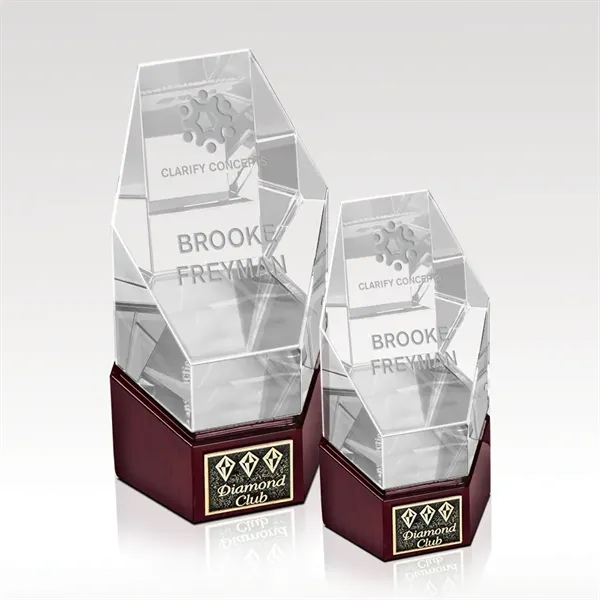 Optical crystal award resting on a cherry finished base with room... from ASI 93986 Visions/Awardcraft / Visions Awards