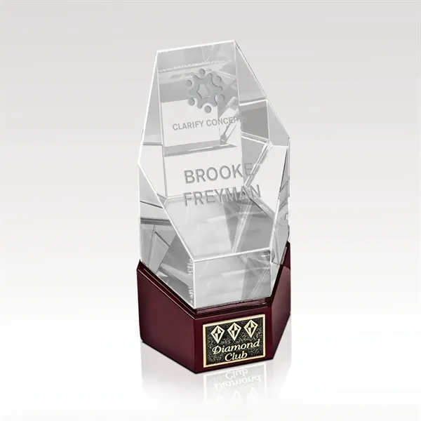 Optical crystal award resting on a cherry finished base with room... from ASI 93986 Visions/Awardcraft / Visions Awards