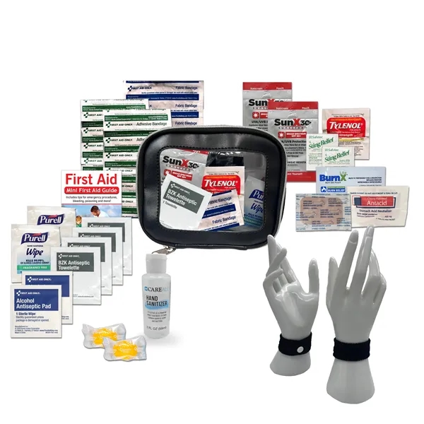 Hygiene kit with a plastic zippered case, sea-band, sting swabs, burn... from ASI 84514 Safety Made