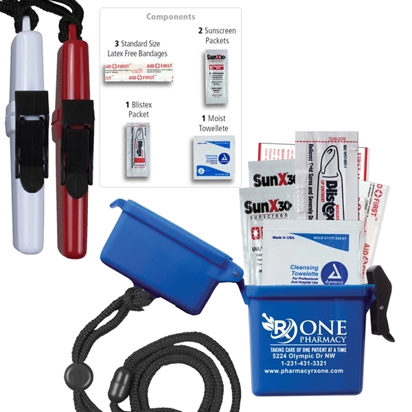 Water-resistant plastic container filled with bandages, sunscreen packets, lip balm, cleansing... from ASI 62660 Innovation Line