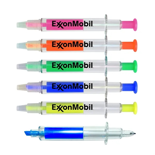 Syringe-shaped pen and highlighter combo with vibrant colors... from ASI 74585 Nu Promo International / Nu Promo Line