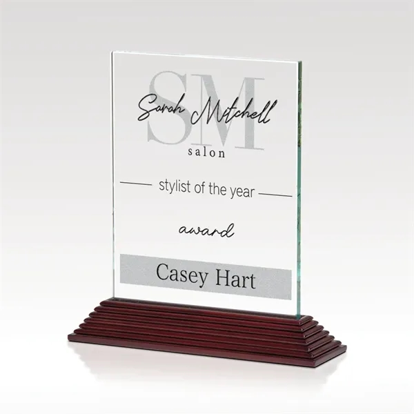 The cherry finished base holds a premium jade glass panel with... from ASI 93986 Visions/Awardcraft