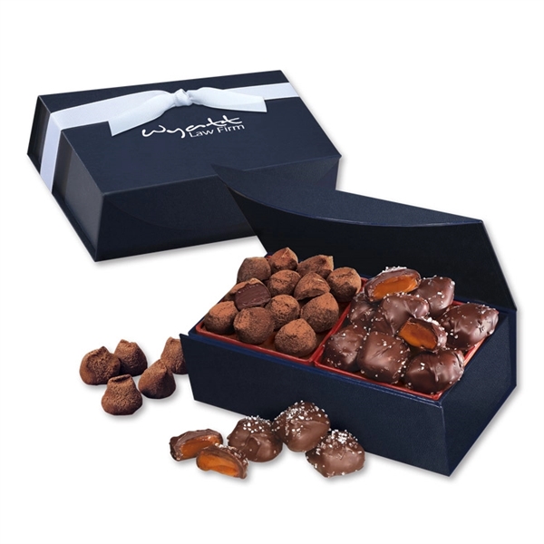 Navy magnetic closure gift box filled with chocolate sea salt caramels... from ASI 68680 Maple Ridge Farms Inc