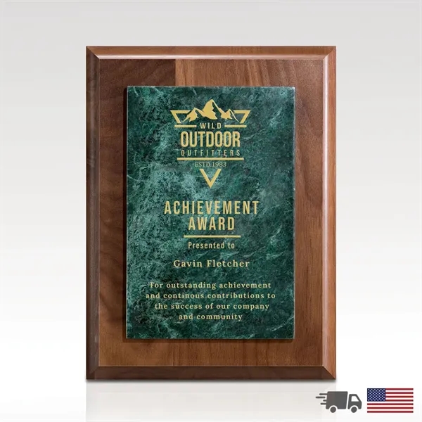 Plaque made of green marble with walnut panel and pre-drilled keyhole... from ASI 93986 Visions/Awardcraft / Visions Awards
