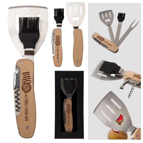 Beechwood-handled 5-in-1 barbeque tool with stainless steel accessories.... from ASI 62190 Illini