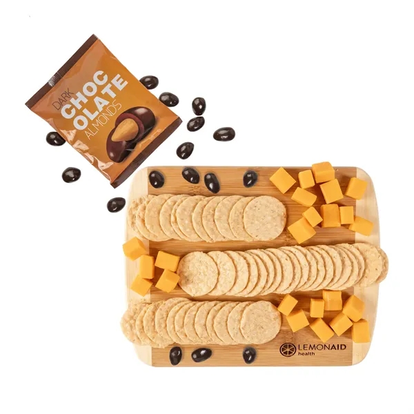Bamboo cutting board with crackers, cheese & dark chocolate almonds.... from ASI 44900 NC Custom (CI/Lanco) / Chocolate Inn