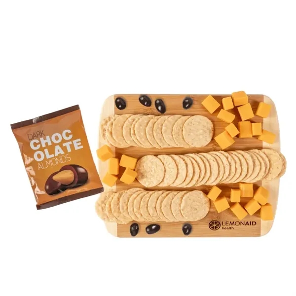 Bamboo cutting board with crackers, cheese & dark chocolate almonds.... from ASI 44900 NC Custom (CI/Lanco) / Chocolate Inn