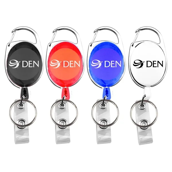 Sleek badge holder with retractable cord, carabiner clip, keyring, and ID... from ASI 74585 Nu Promo International / Nu Promo Line